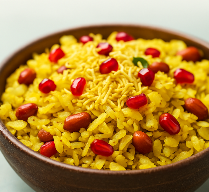 Authentic Indori Poha topped with sev, pomegranate, and coriander
